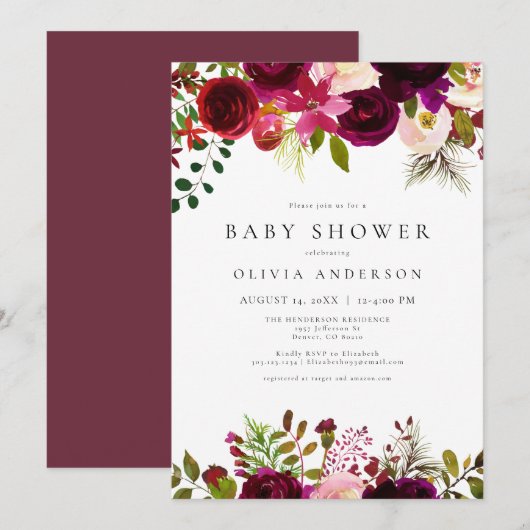 Winter Bohemian Burgundy Floral Baby shower Kaart (Voorkant / Achterkant)