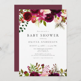Winter Bohemian Burgundy Floral Baby shower Kaart