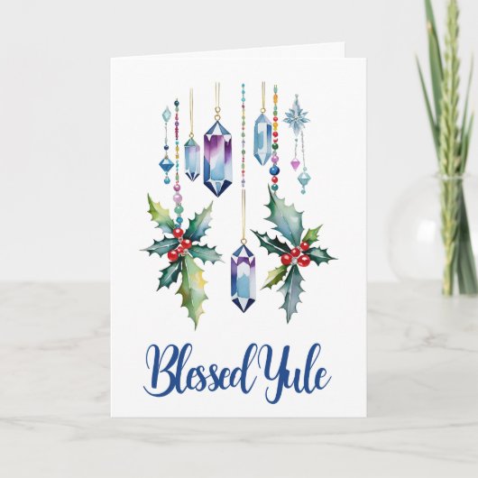 Winter Boho Blue Crystals & Holly Yule Solstice Kaart (Voorkant)