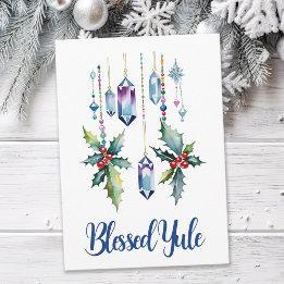 Winter Boho Blue Crystals & Holly Yule Solstice Kaart