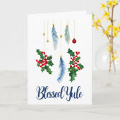 Winter Boho Blue Feathers & Holly Yule Solstice Kaart (Gele Bloem)