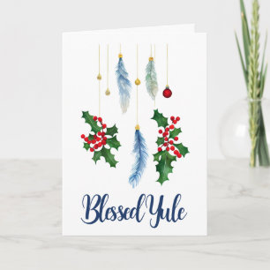 Winter Boho Blue Feathers & Holly Yule Solstice Kaart