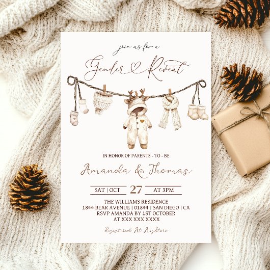 Winter Boho Clothesline Gender Reveal Kaart