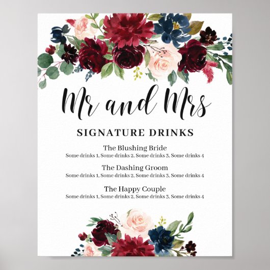 Winter Boho Floral Wedding signature drink sign Poster (Voorkant)