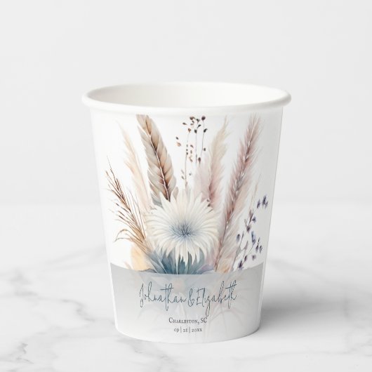 Winter Boho Floral Wedding | White paper cups Papieren Bekers (Achterkant)