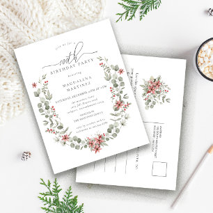 Winter Boho Greenery Rode Bloemen 100e Verjaardag Uitnodiging Briefkaart