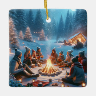 "Winter Bonfire Embrace: Warmte in de sneeuw" Keramisch Ornament