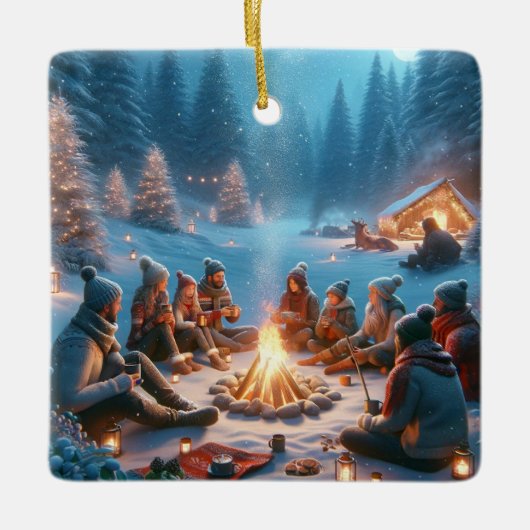 "Winter Bonfire Embrace: Warmte in de sneeuw" Keramisch Ornament (Voorkant)