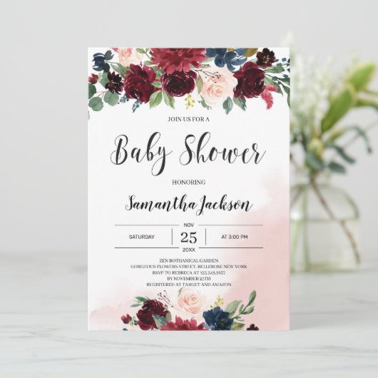 Winter bordeaux marine blush roze bloemenvlees bab kaart (Staand voorkant)