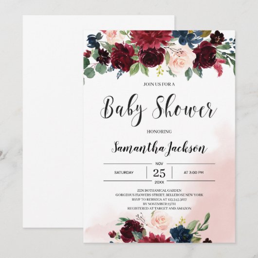 Winter bordeaux marine blush roze bloemenvlees bab kaart (Voorkant / Achterkant)