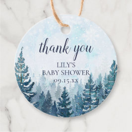 Winter Bos Baby Shower met Rustieke Dennenbomen Bedankjes Labels
