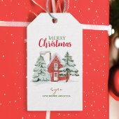 Winter Bos Boerderij Rode Schuur Rustieke Kerstmis Cadeaulabel