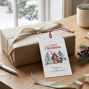 Winter Bos Boerderij Rode Schuur Rustieke Kerstmis Cadeaulabel