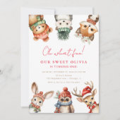 Winter bos dieren 1e verjaardagsfeest kaart (Voorkant)