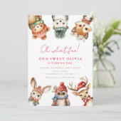 Winter bos dieren 1e verjaardagsfeest kaart (Staand voorkant)