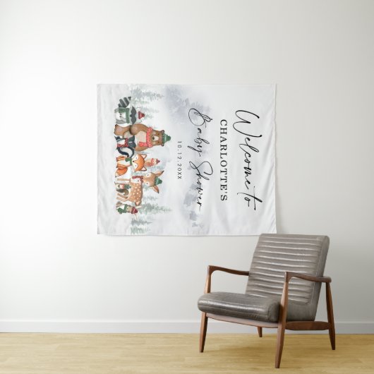 Winter Bos Dieren Baby Shower Welkom Wandkleed (In Situ (horizontaal))