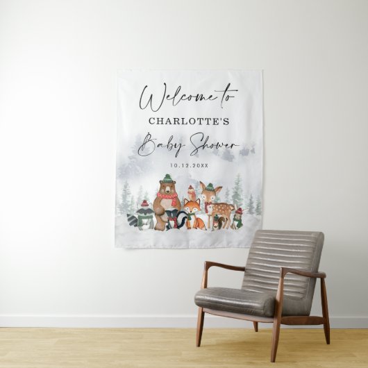 Winter Bos Dieren Baby Shower Welkom Wandkleed (In situ)