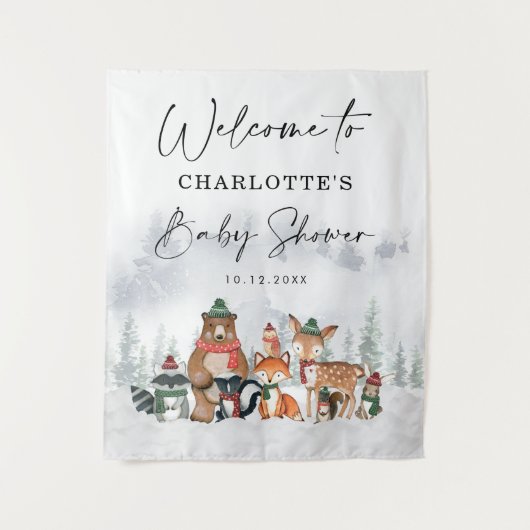 Winter Bos Dieren Baby Shower Welkom Wandkleed (Voorkant)