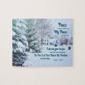 Winter bos huis- John 14:27 Bijbel Verse Legpuzzel (Horizontaal)