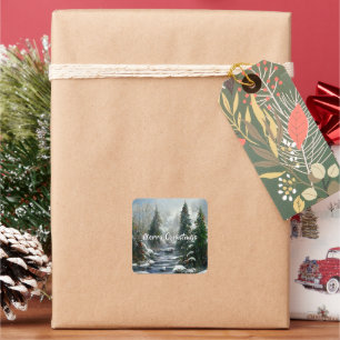 Winter Bos Land Rivier Kerstmis Vierkante Sticker