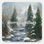 Winter Bos Land Rivier Kerstmis Vierkante Sticker (Voorkant)