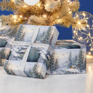 Winter Bos Log Cabin Vogels Pijnbomen Rivier Cadeaupapier