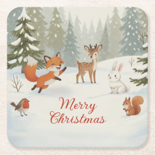 Winter Bos Merry Christmas Bosdieren Kartonnen Onderzetters