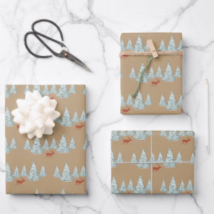 Winter bos met sparrenbos en herten   inpakpapier vel