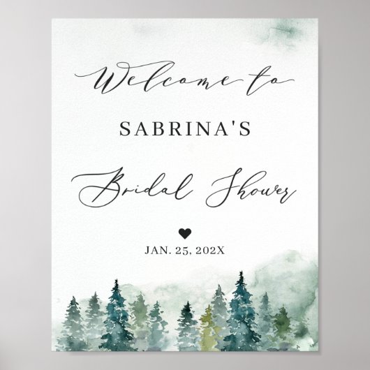 Winter Bos Pine Trees Bruiloft Feest Sign Poster (Voorkant)