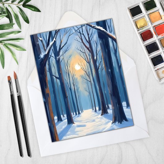 Winter Bos Sneeuw Watercolor Bomen Kaart