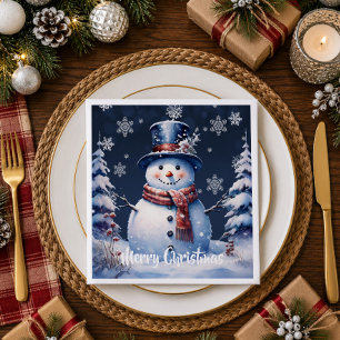 Winter Bos Sneeuwman Kerstmis   Blauw Servet