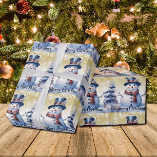 Winter Bos Sneeuwman Kerstmis Goud Cadeaupapier
