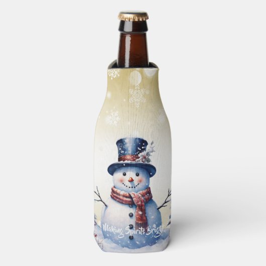 Winter Bos Sneeuwman Kerstmis | Goud Flesjeskoeler (Fles Voorkant)