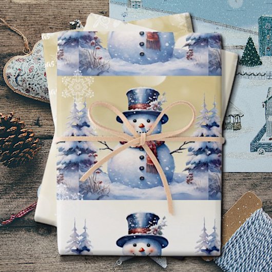 Winter Bos Sneeuwman Kerstmis | Goud Inpakpapier Vel