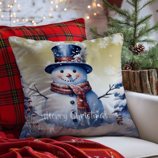 Winter Bos Sneeuwman Kerstmis | Goud Kussen (Gold Winter Forest Snowman Christmas Throw Pillow)