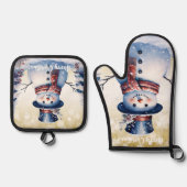 Winter Bos Sneeuwman Kerstmis | Goud Ovenwant & Pannenlap Set (Voorkant)