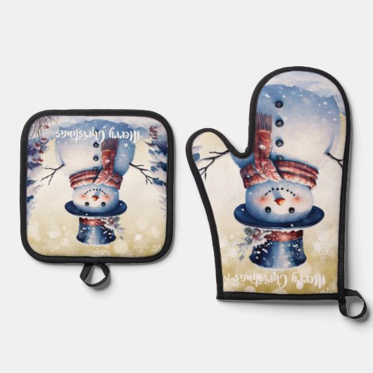 Winter Bos Sneeuwman Kerstmis | Goud Ovenwant & Pannenlap Set (Voorkant)