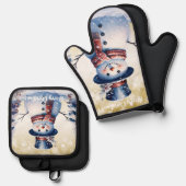 Winter Bos Sneeuwman Kerstmis | Goud Ovenwant & Pannenlap Set (Voorkant / Achterkant)