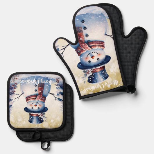 Winter Bos Sneeuwman Kerstmis | Goud Ovenwant & Pannenlap Set (Voorkant / Achterkant)