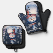 Winter Bos Sneeuwman Kerstmis Ovenwant & Pannenlap Set (Voorkant / Achterkant)