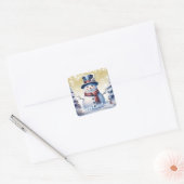 Winter Bos Sneeuwman Vrolijk Kerstfeest | Goud Vierkante Sticker (Envelop)
