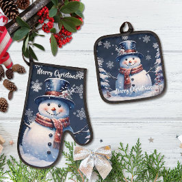 Winter Bos Sneeuwpop Kerstmis | Blauw Ovenwant & Pannenlap Set