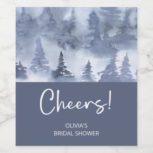 Winter bos waterverf donkerblauwe bruiloft wijn etiket (Enkel label)