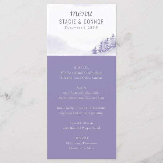 Winter bos waterverf lavendel trouwmenu menu (Voorkant)