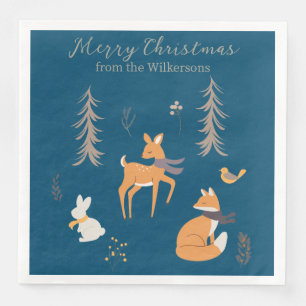 Winter Bosdieren Folk Art Blauwe Kerstmis Servet