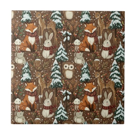 Winter Bosdieren Kerstpatroon Tegeltje (Voorkant)