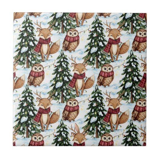 Winter Bosdieren Kerstpatroon Tegeltje (Voorkant)