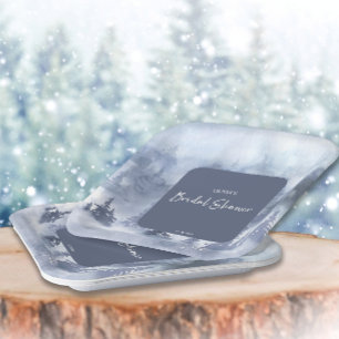 Winter Bosem Waterverf Donkerblauwe Bruiloft Papieren Bordje
