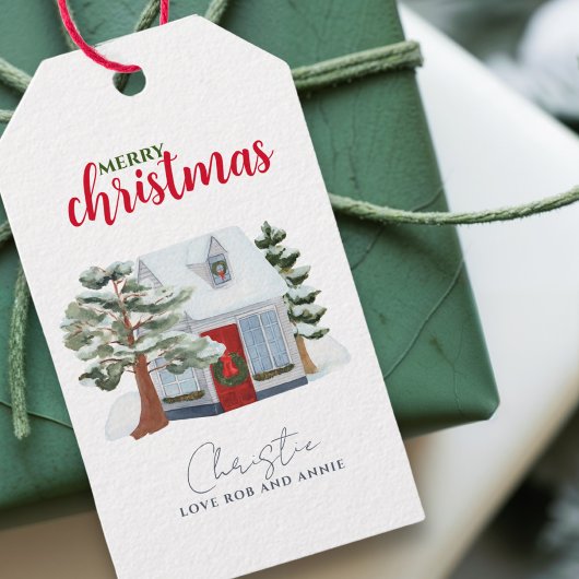 Winter Boshuis Boerderij Rustige Prettig Kerstmis Cadeaulabel