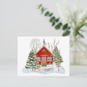Winter boshuis en bosbezoekers briefkaart (Staand voorkant)